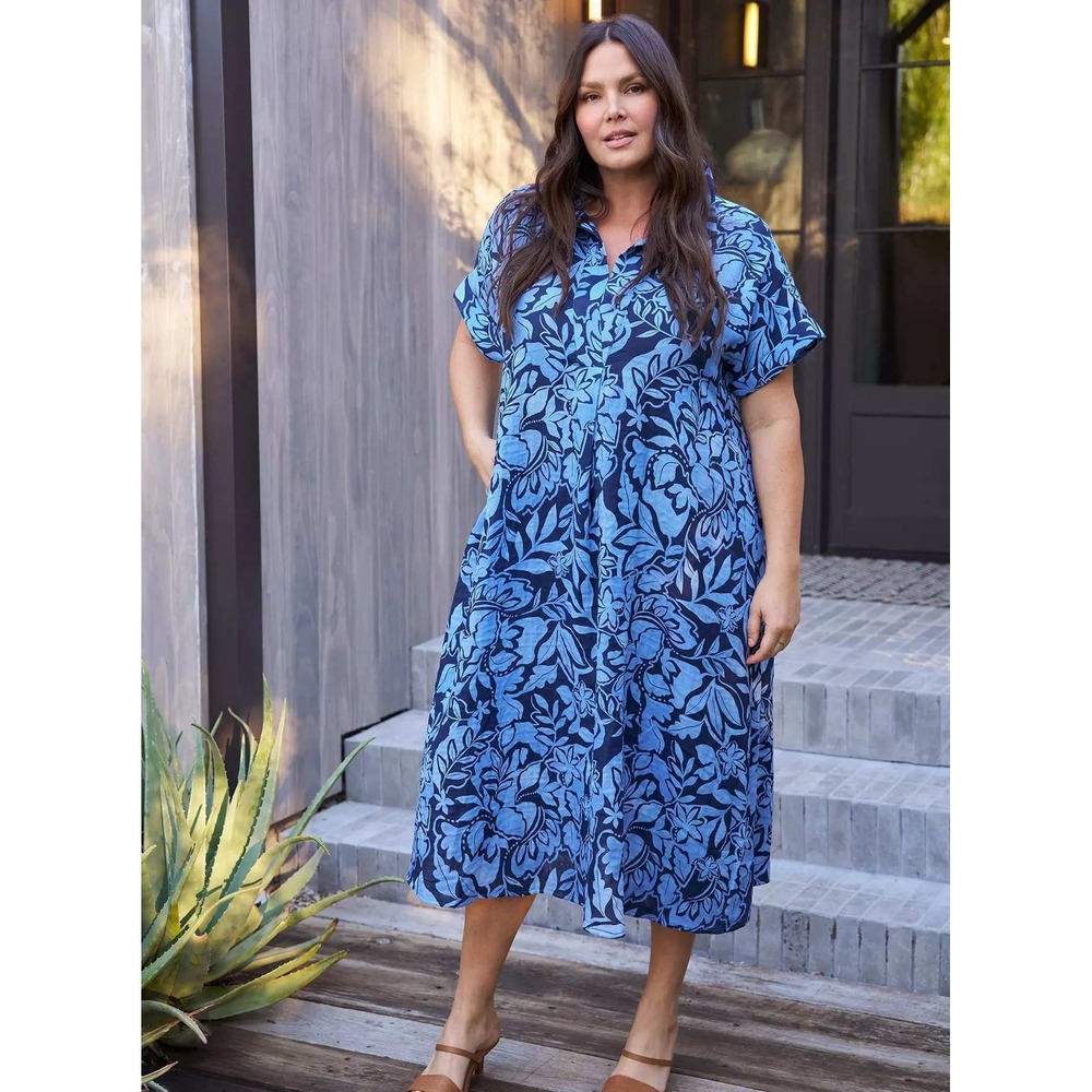 Belle Asle Blue Floral Organic Linen Midi Caftan Dress Short Sleeve Pocket - Picture 7 of 16